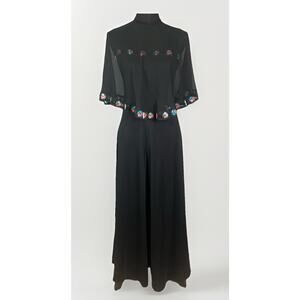 VTG 70s Wide Leg Jumpsuit Sheer Cape Overlay Small Black Retro Party Glam Mod